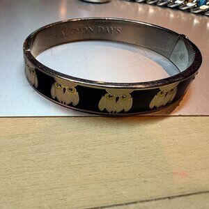 Halcyon Days Owl Motif Black Enamel Gold-Tone Hinged Bangle Bracelet
